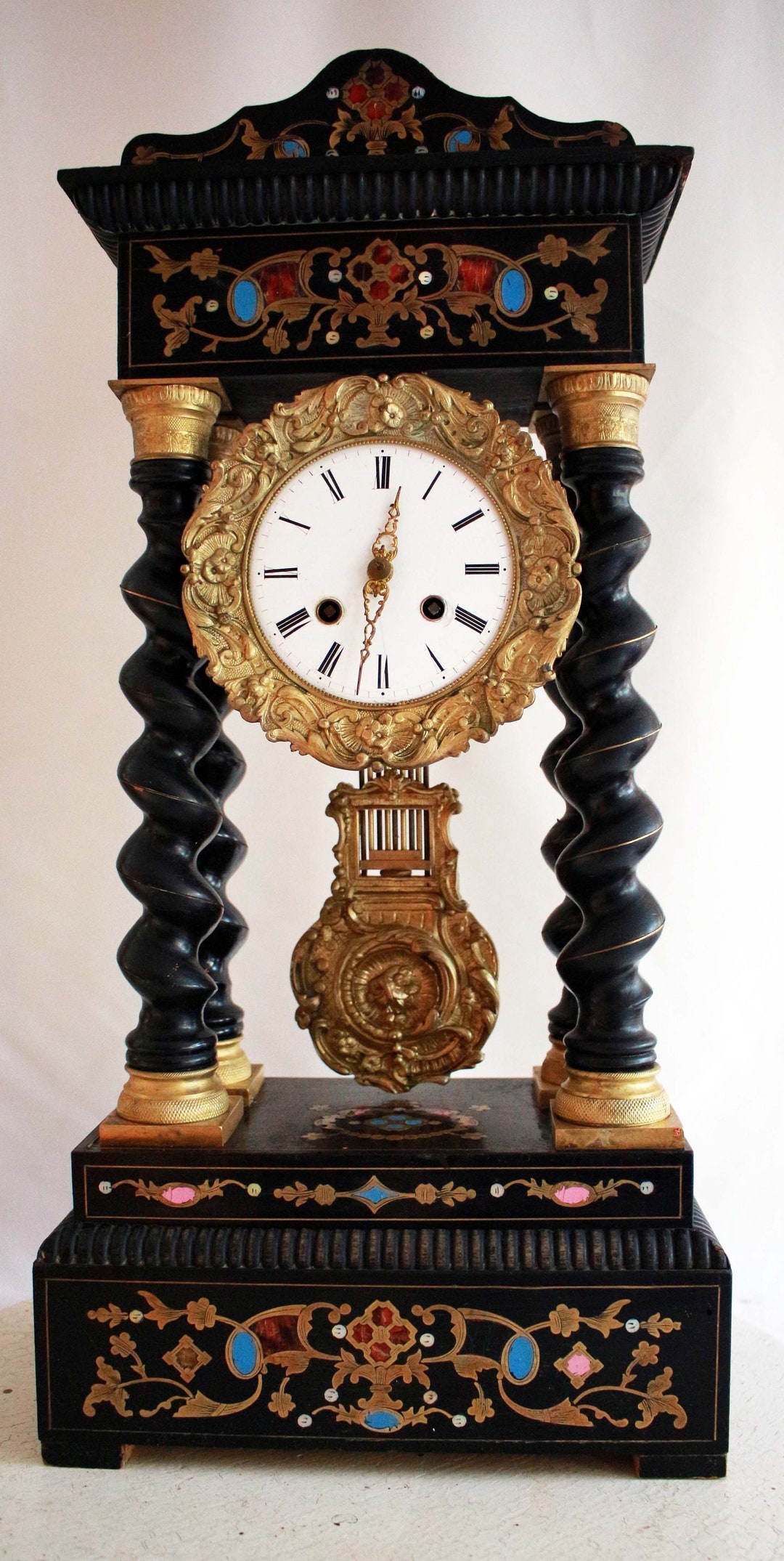 Hughe Antique French Empire Column Clock Portico Inlaid HIGHLY ...