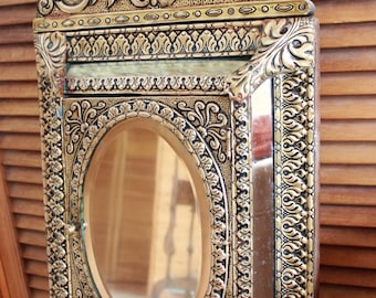 Antique DUTCH Repousse Brass Entrance Hall Mirror Cabinet with Clothes brushes