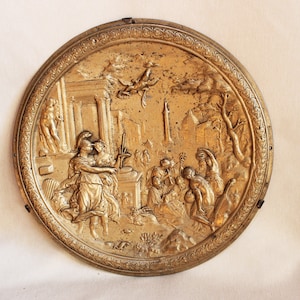 Antique DECORATED Greek mythological gilt bronze cast plate plaque relief “Triumph of Virtue”