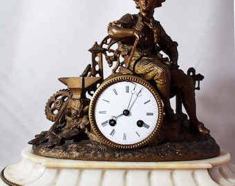 French Romantic table clock Worker with alabaster base japy freres movement