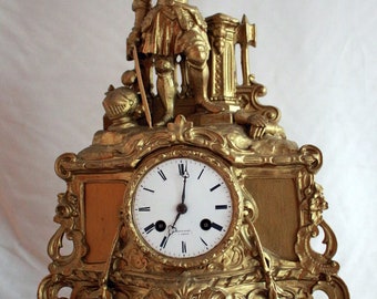 French Romantic table clock statue Jean D'Arc Gilded movement Japy Freres