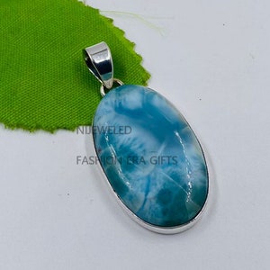 Natural Larimar Large Pendant, Handmade Oval Shape Gemstone Sterling Silver Pendant, Gift Pendant for Her, Handmade Birthday Gift Pendant