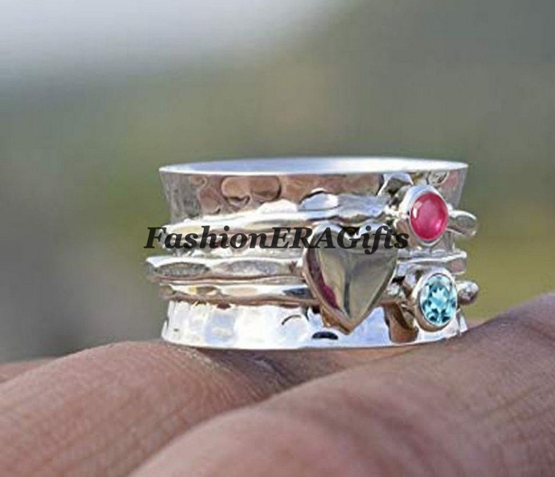 Rubymotion Spinner Rings Handmade Sterling Silver Spinner Ring: Ruby & Blue Topaz Gemstone - Etsy