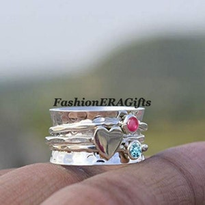 Ruby & Blue Zircon Silver Spinning Ring, Meditation Heart Spinner Ring, Fidget Ring, Copper Ring, Anxiety Birthstone Ring, Hammered Ring