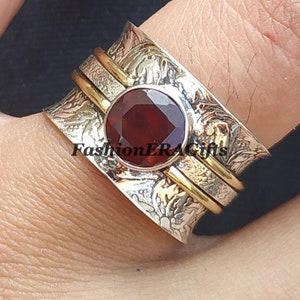 Spinner Ring, Natural Garnet Gemstone Ring, Sterling Silver Ring, Textured Ring, Meditation Band, Handmade Ring, Gift for Mom, All Size