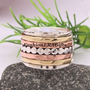 Tricolor Spinner Ring, Fidget Ring, 925 Sterling Silver Rings, Meditation Ring, Spinning Rings, Boho Rings, Tricolor Wide Fusion Band