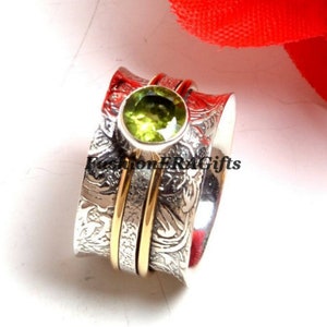 Spinner Ring, Designer Ring, Meditation Ring, Texture Ring, Handmade Ring, Peridot Spinner Ring, August Birthstone Ring, Peridot Gypsy Ring