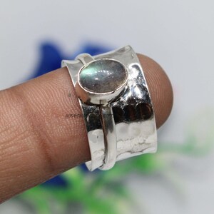 Labradorite  Gemstone Silver Spinning Ring, Meditation Spinner Ring, Fidget Ring, Anxiety Ring, Worry Ring, Hammered Ring