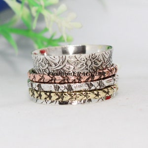 Abstract spinner Ring, Three tone Wedding Ring, Abstract spinning Band, Unique Silver Wedding Band, Handmade Band, Silver Thumb Ring