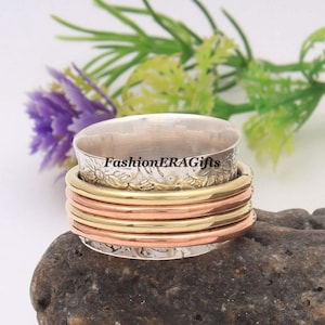 Floral Textured Anxiety Ring for Mediation, 925 Sterling Silver Band, Brass and Copper Spinner Ring for Women, 5 Band Spinning Ring