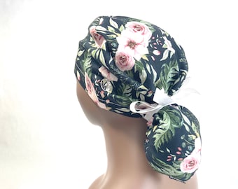 Blumen Pferdeschwanz Scrub Cap mit Knöpfen, Baumwoll Krankenschwester Hut