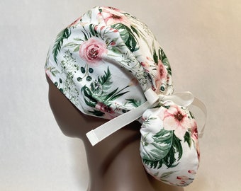 Blumen Pferdeschwanz Scrub Cap mit Knöpfen, Baumwoll Krankenschwester Hut
