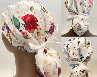 Blumen Pferdeschwanz Scrub Cap mit Knöpfen, Baumwoll Krankenschwester Hut