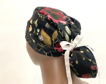 Blumen Pferdeschwanz Scrub Cap mit Knöpfen, Baumwoll Krankenschwester Hut
