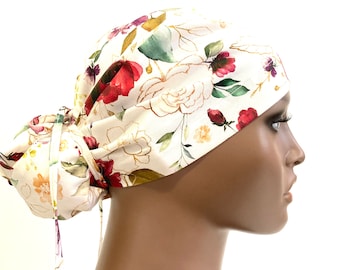 Gorro quirúrgico floral con botones, de algodón