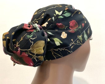 Gorro quirúrgico floral de algodón para cabello largo con botones