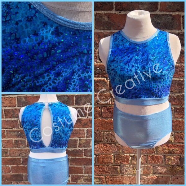 Blue hologram reptile print 2 piece outfit for dance, practice wear, acro, gymnastics age 10