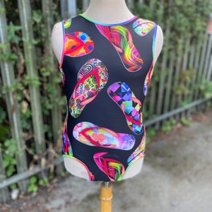 Ready to ship Age 10 sleeveless leotard or swimsuit in a funkifabrics flip flop print