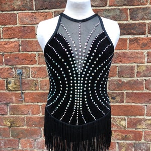 Black velvet and fringe modern jazz, tap costume decorated with AB Crystals ready to buy, age 12, or custom order, hat too