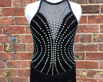 Black velvet and fringe modern jazz, tap costume decorated with AB Crystals ready to buy, age 12, or custom order, hat too