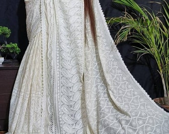 Schöne Reine Baumwolle Chikankari Saree Mit Bluse Stück / mercerisierter Baumwolle Hakoba Sarees / Chikankari Hakoba Baumwolle Sari / eingebetteter Sari