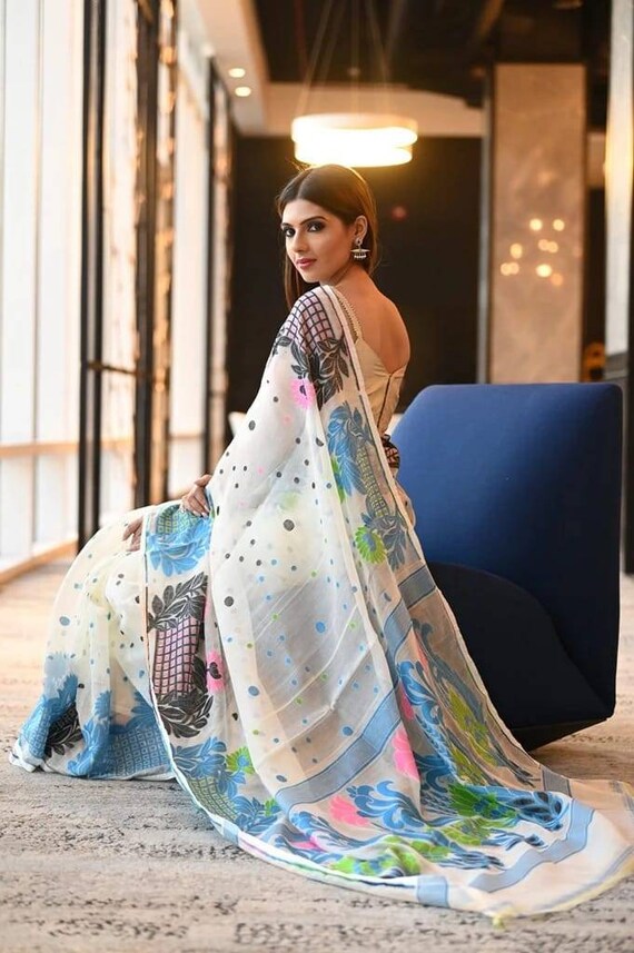 Resam Dhakai Jamdani Saree Multicolored Soft Cotton Muslin Etsy