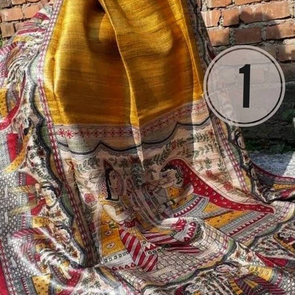 Silk Mark Certified Madhubani Tussar Silk Saree With Blouse Piece / Pure Ghicha Tussar sarees / Madhubani Sari / Kalamkari Silk Saree