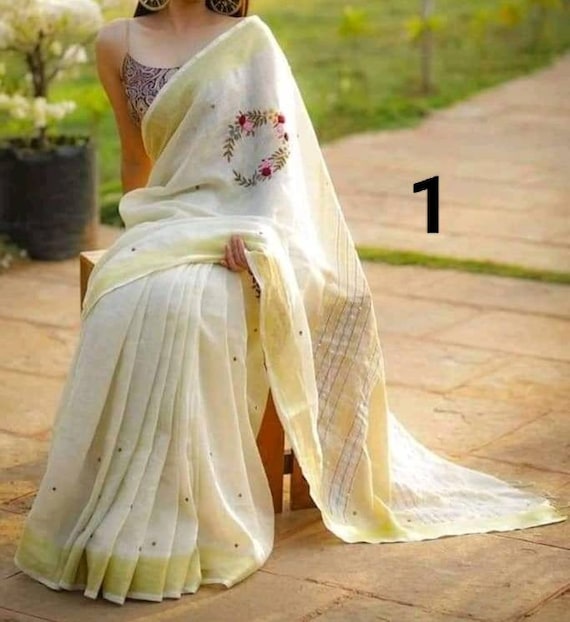 Pure Silk Linen Saree With Hand Embroidery / Handwoven Organic