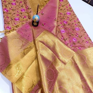 Embroided Banarasi Tissue Silk Saree With Blouse Piece / Floral