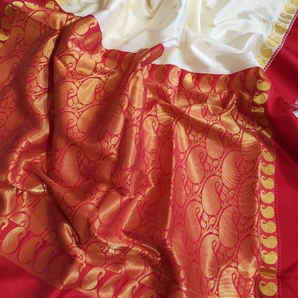 Traditional Gorod Silk Saree in Off White Red Combination Bengal's Own Garad Sarees For Women Puja Special White And Red Gorod Sari On Sale