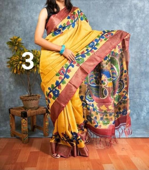 TreegoArt Damen Saree Baumwoll-Seide Kalamkari - Party Wear Mit Blusenteil Orange