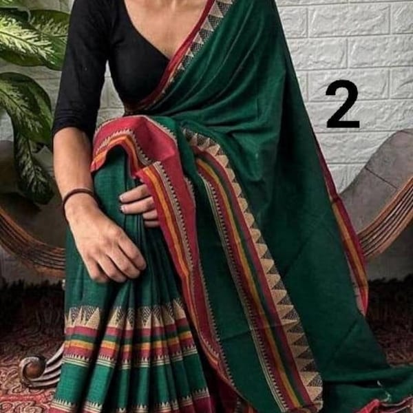 Saris Narayanpet 100 % coton avec pièce de chemisier / Saris doux Begumpuri tissés à la main pour femme / Sari jamdani en coton