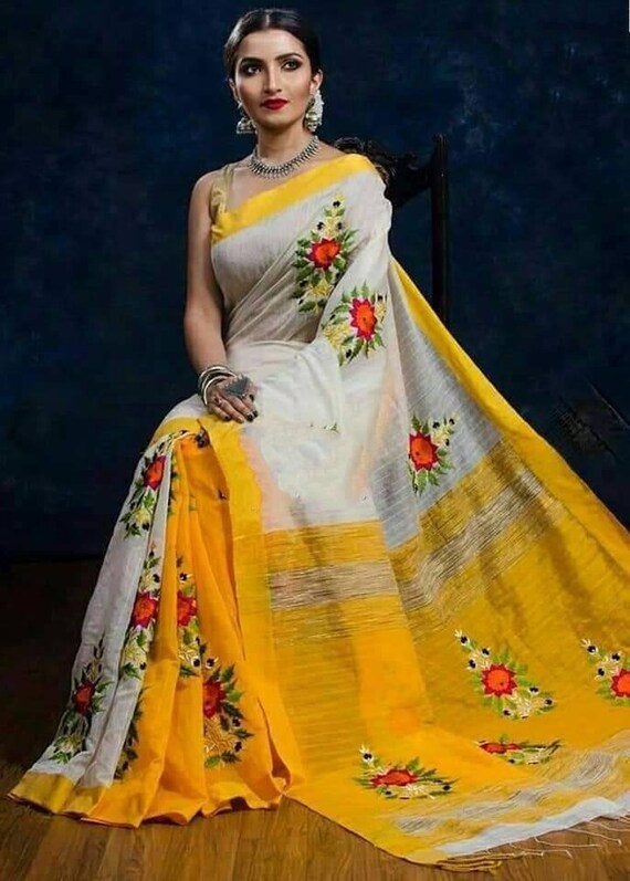 Soft Cotton Silk Saree With Applique Artwork. Handloom Silk Cotton
