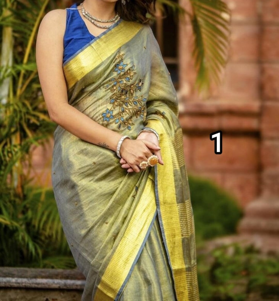 Pure Tissue Linen Saree with Handwork and Matching Blouse Piece for Women