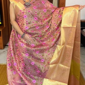 Embroided Banarasi Tissue Silk Saree With Blouse Piece / Floral