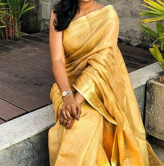 1 Count Pure Golden Linen Saree With Blouse Piece Soft Etsy