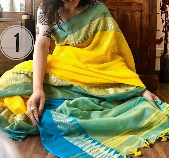 Pure Cotton Saree With Blouse Piece Multicolored Handloom Cotton Sarees  Temple Border Handloom Sari Soft Cotton Saree on Sale -  Canada