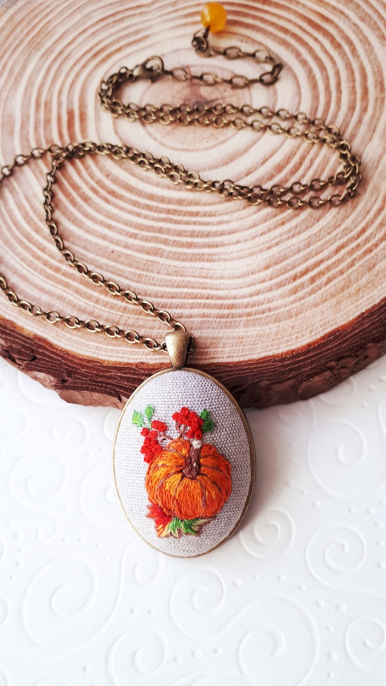 Orange pumpkin necklace Pumpkin jewelry Pumpkin pendant Pumpkin gift Orange Pumpkin accessory Mother/'s day Hand embroidered necklace