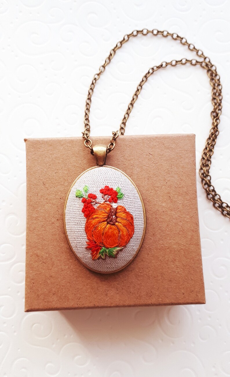 Orange pumpkin necklace Pumpkin jewelry Pumpkin pendant Pumpkin gift Orange Pumpkin accessory Mother/'s day Hand embroidered necklace