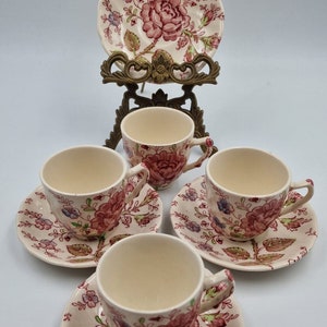 Set of 4 coffee cups and saucers, Johnson Brothers Rose Chintz, Vintage Collectable table roses, fine China, Vintage China, Staffordshire