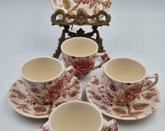 Set of 4 coffee cups and saucers, Johnson Brothers Rose Chintz, Vintage Collectable table roses, fine China, Vintage China, Staffordshire