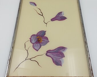 Italian wooden tray with glass base hand-painted with purple saffron flowers