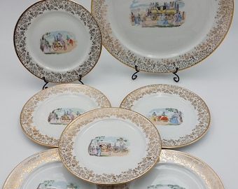 1950 dessert set consisting of 6 dessert plates and 1 sweet plate in F. Furstenberg Germany porcelain with gold edging and Victorian decoration