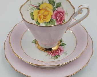 Cavour Ware Longton Staffordshire Bone China Trio Teacup with Pink Floral Decoration