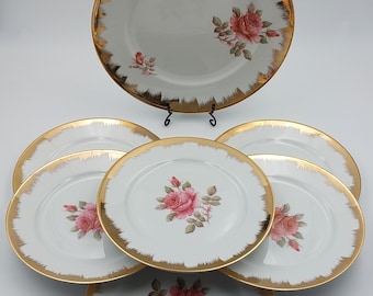 Set of 6 dessert plates and 1 sweet plate in H&C Selb Heinrich Bavaria ceramic with gold finishes