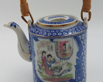 Finest Oriental Blue Porcelain Teapot with Bamboo Handle - GREEN CHINA -