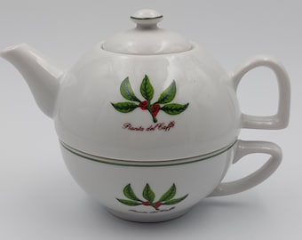 Hand-painted porcelain teapot and cup set "Coffee Plant" VERACRUZ Made in Brazil