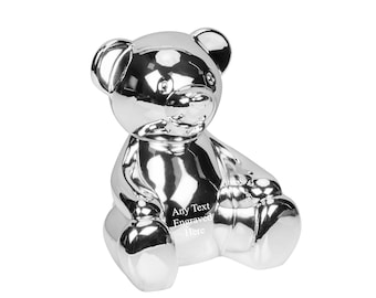 Personalised Engraved Silver-plated Teddy Bear Bank Money Box Christening / Birthday Gift