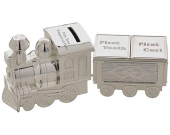 Personalised Engraved Silver-plated Train & Carriage  Bank Money Box Christening / Birthday Gift