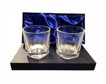 Personalised Engraved Single or Pair Of Whisky, Hiball Glasses In Silk Lined Gift Box Various Styles Available